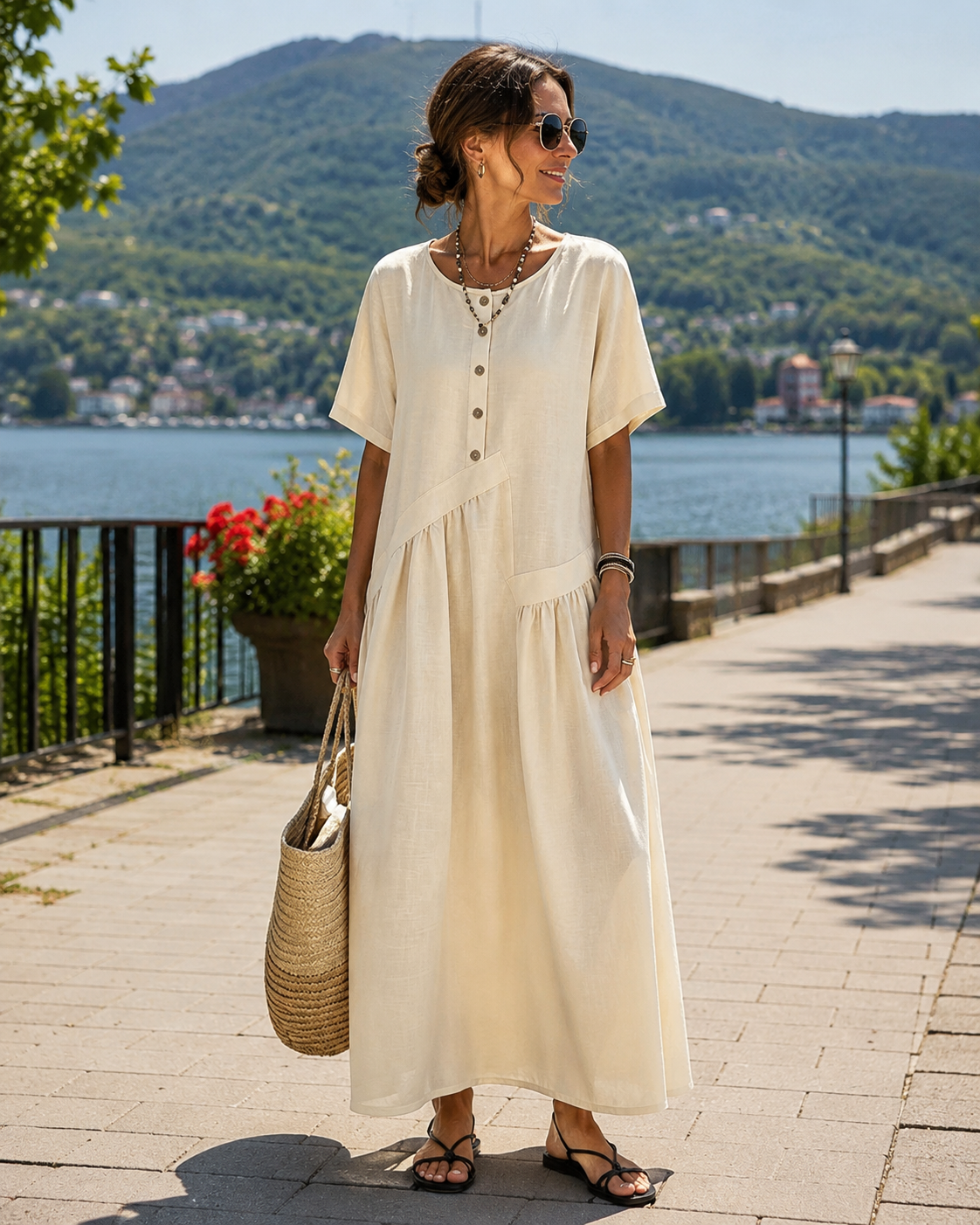 Robe maxi femme bleu clair à boutons et poches effet coton-lin