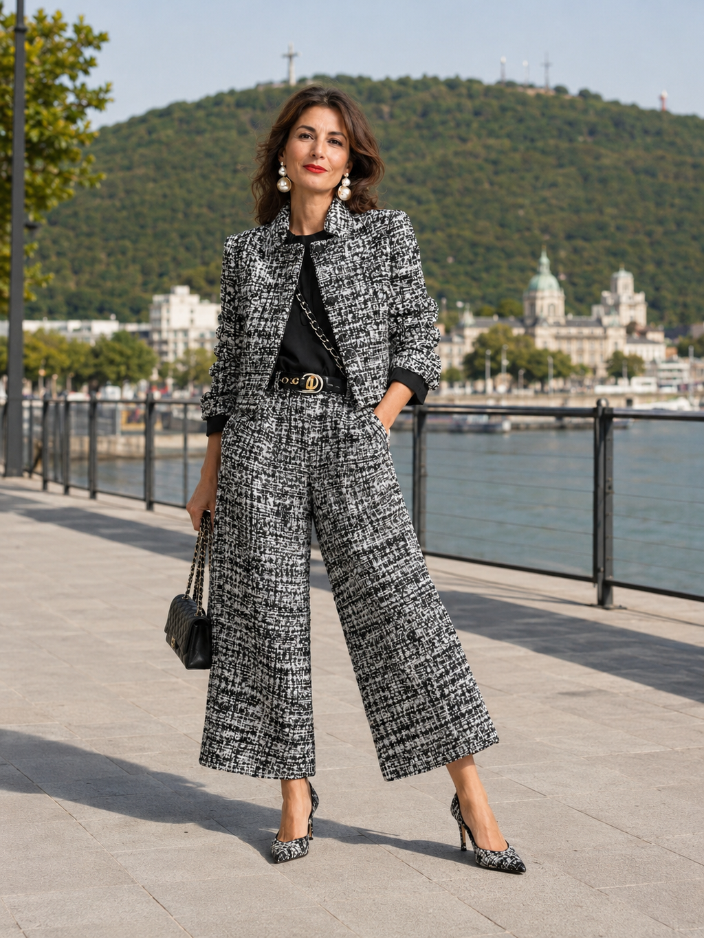 Ensemble femme en tweed avec veste courte et pantalon large