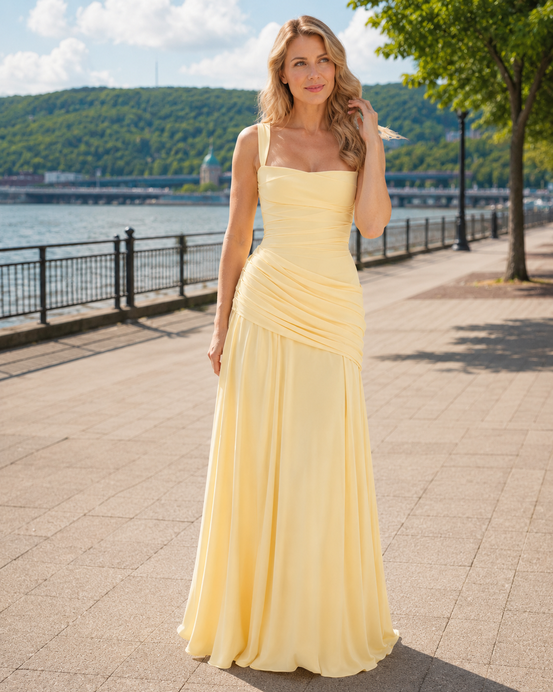 Robe maxi femme col carré froncé avec laçage au dos