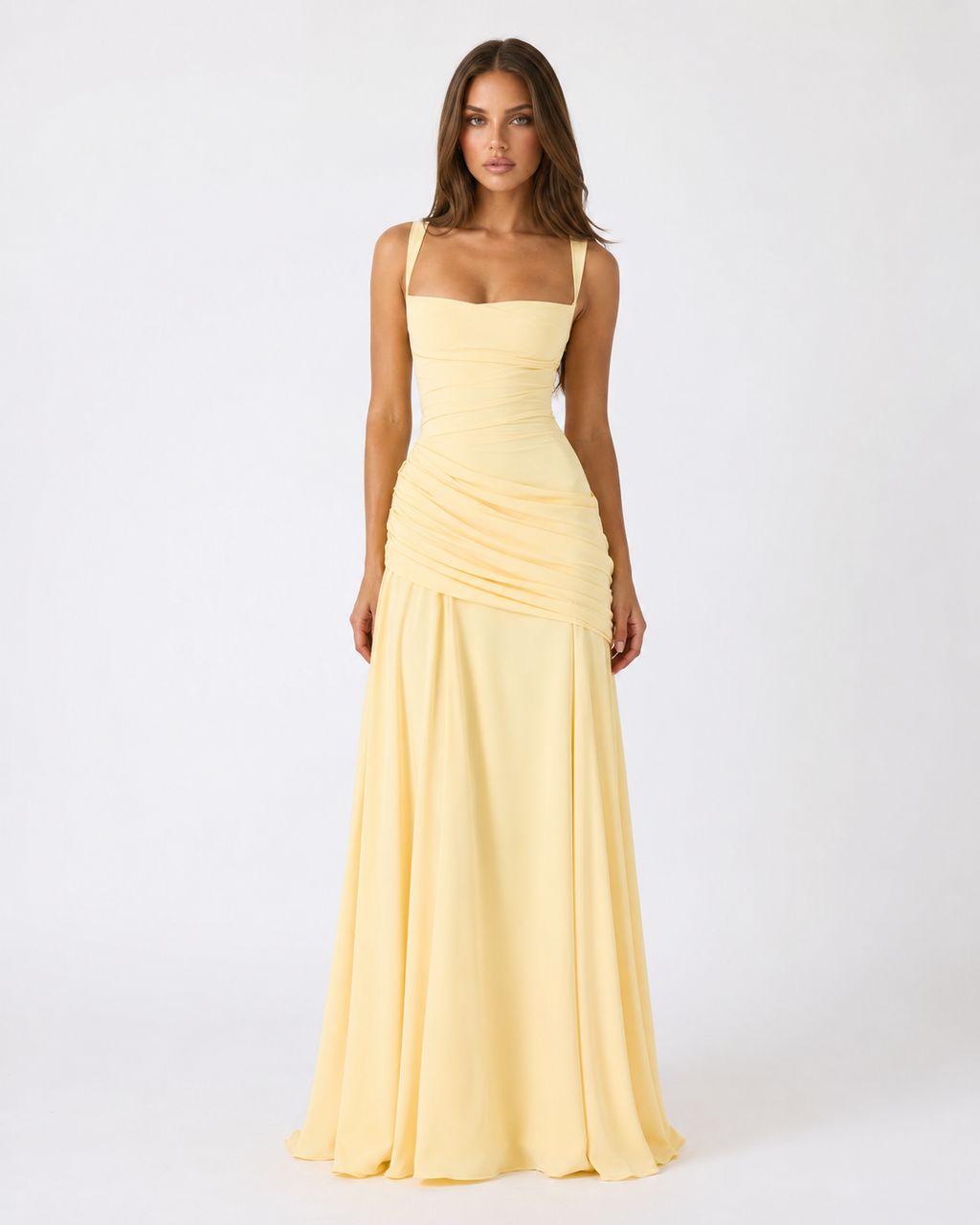 Robe maxi femme col carré froncé avec laçage au dos