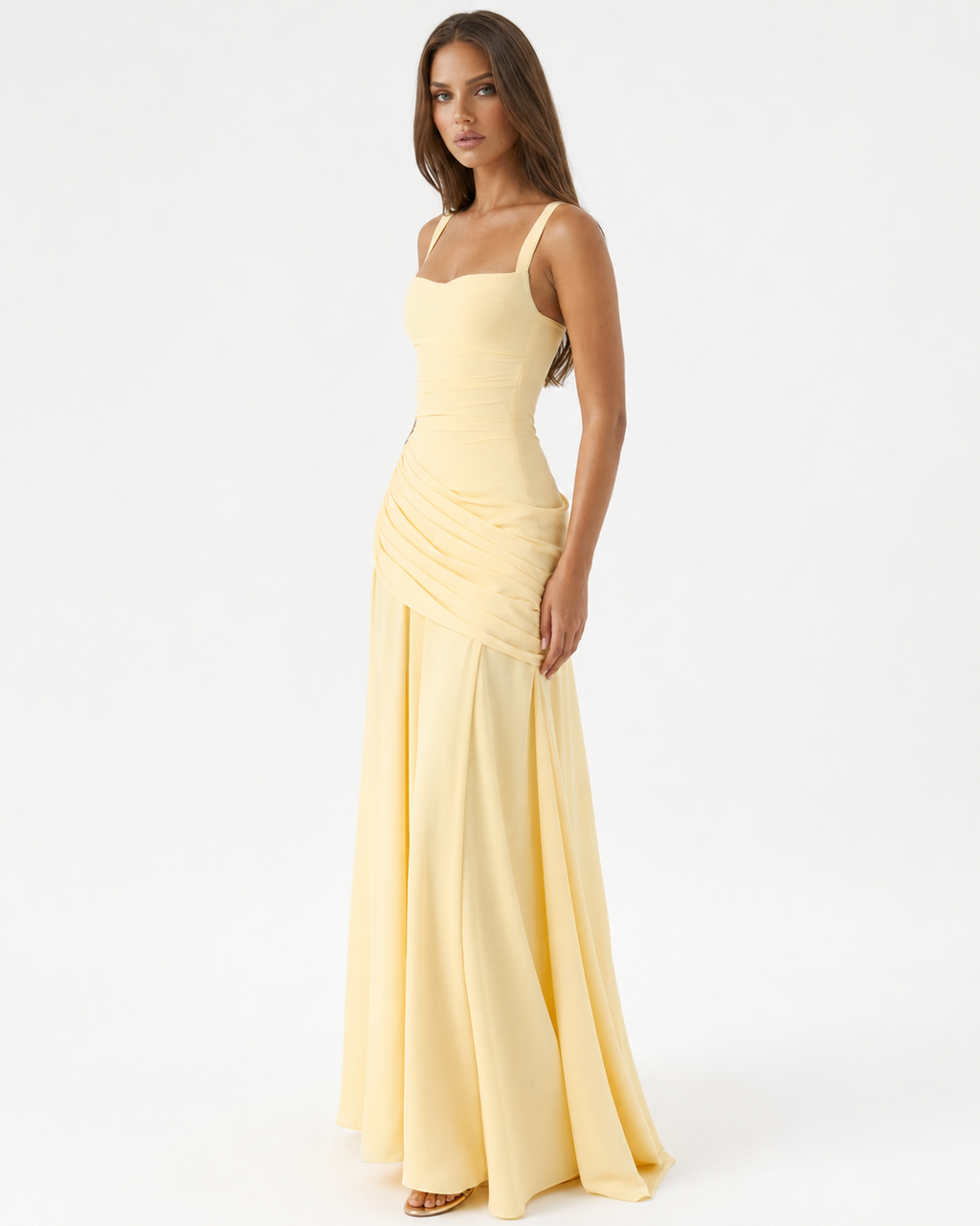 Robe maxi femme col carré froncé avec laçage au dos