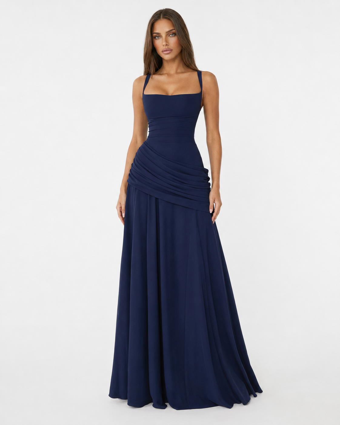 Robe maxi femme col carré froncé avec laçage au dos