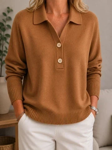 Pull femme doux à col chemise et boutons