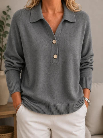 Pull femme doux à col chemise et boutons