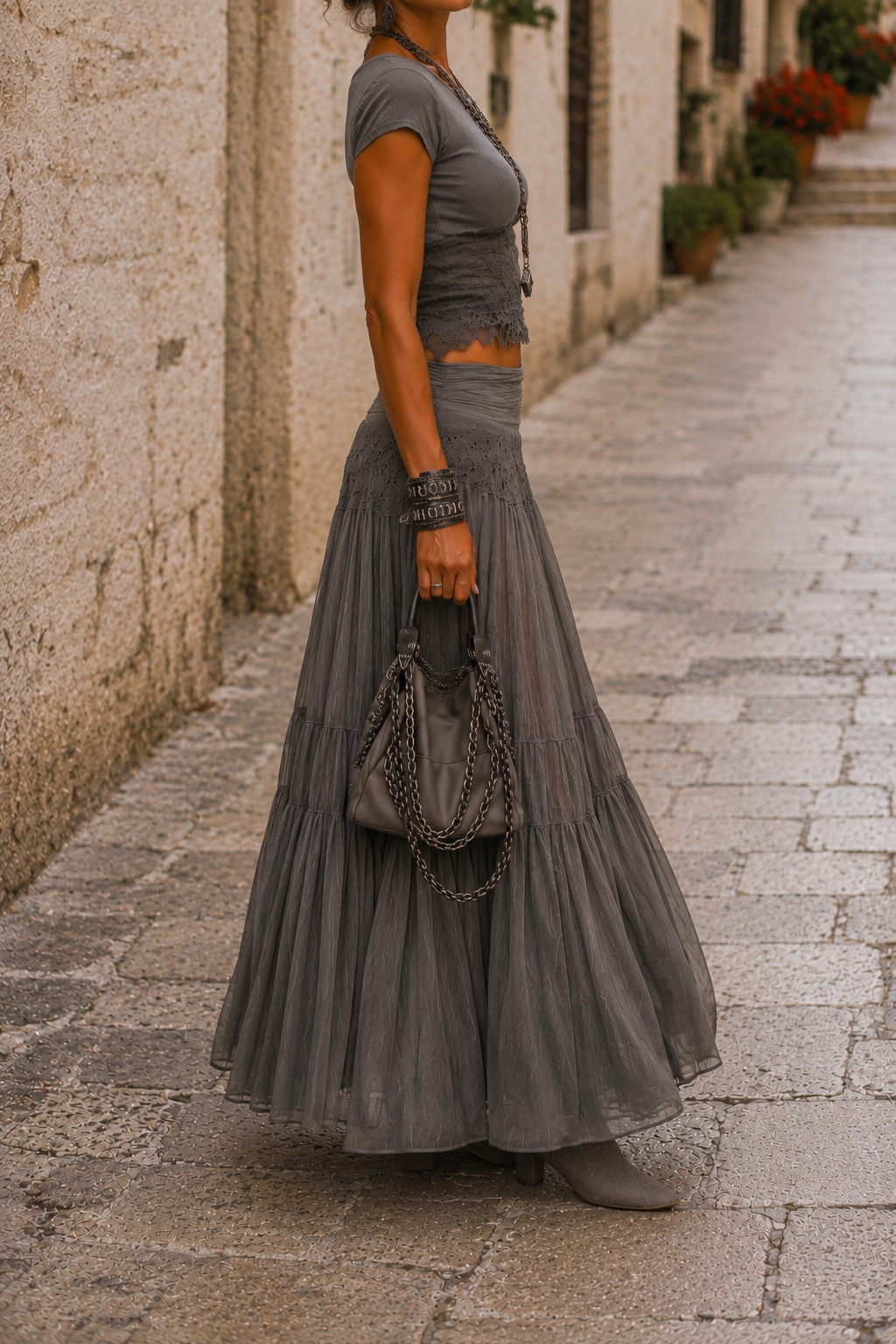 Lavecca | Ensemble deux pièces avec haut en dentelle et jupe maxi