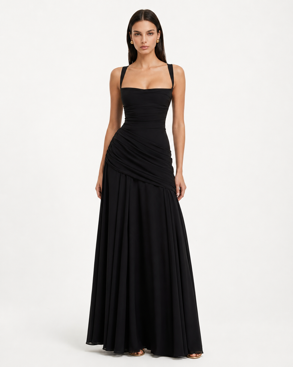 Robe maxi femme col carré froncé avec laçage au dos