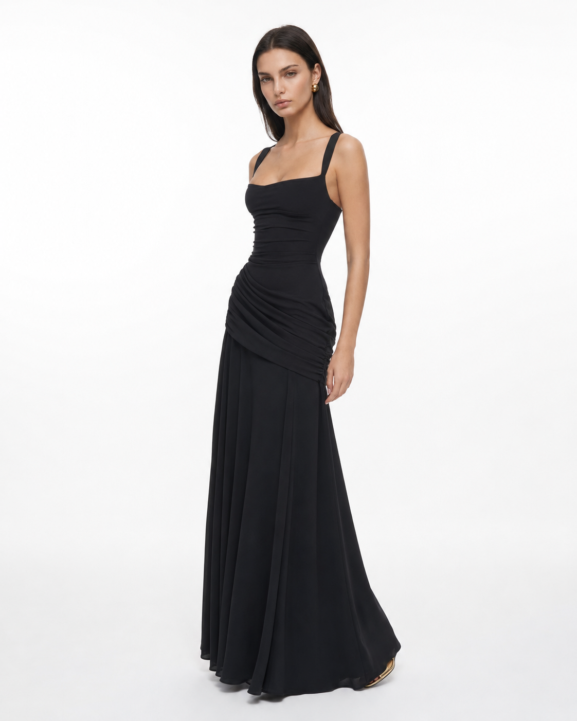 Robe maxi femme col carré froncé avec laçage au dos