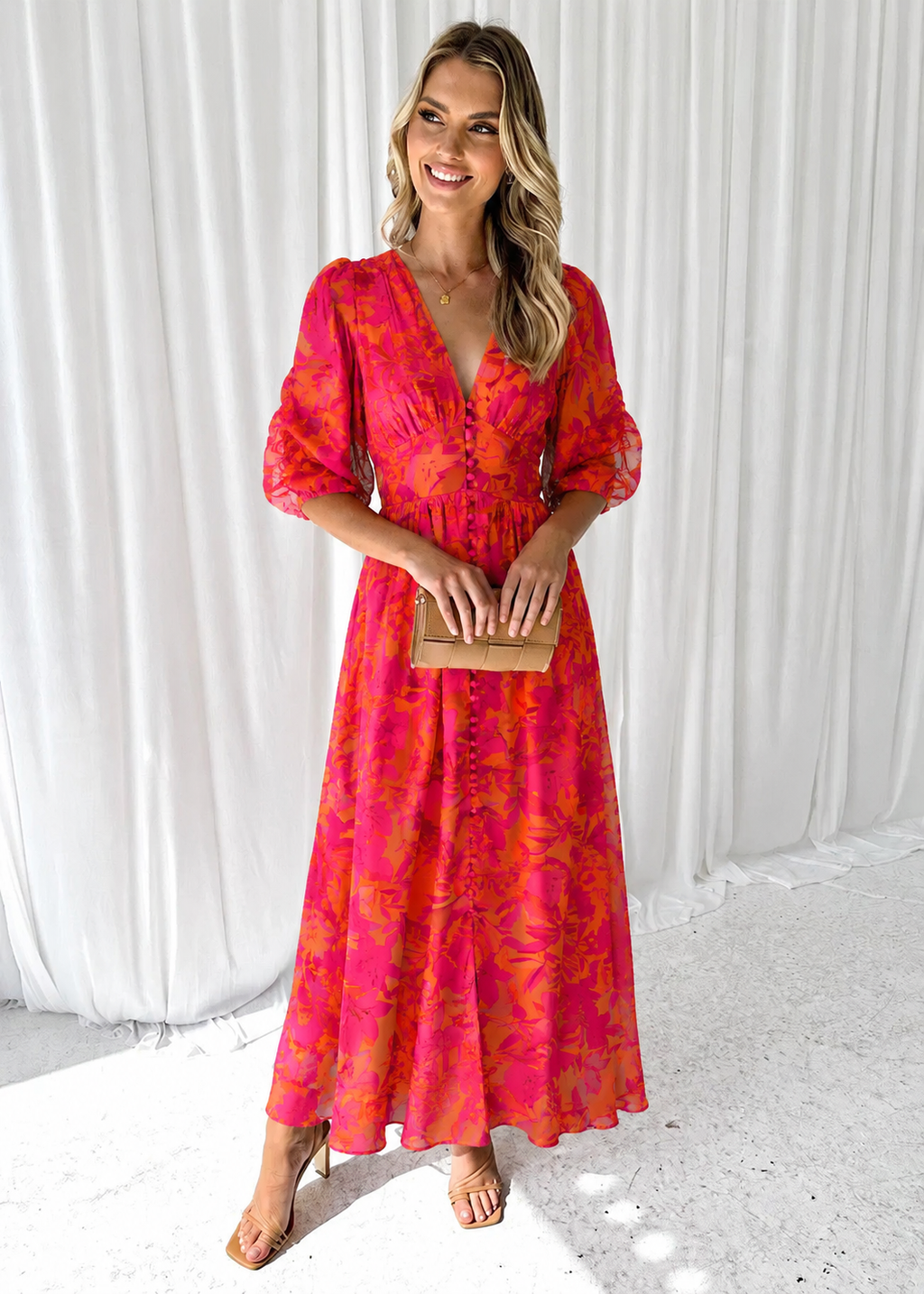 Robe midi femme | Imprimé floral & manches bouffantes