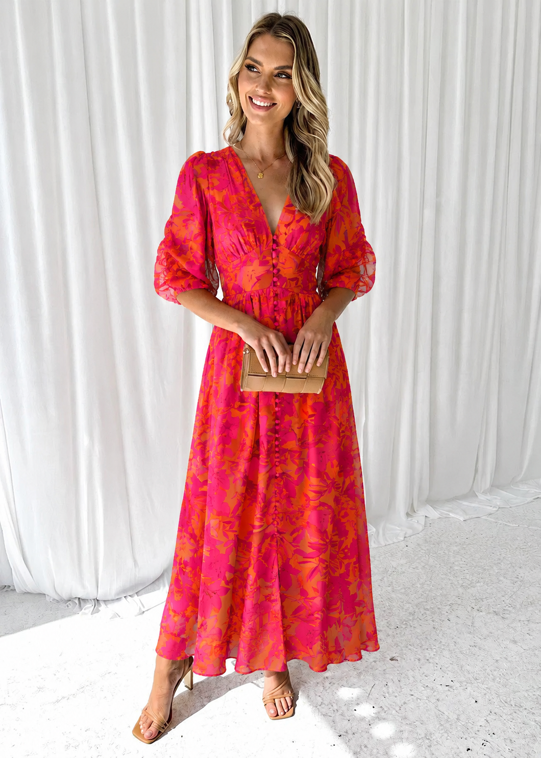 Robe midi femme | Imprimé floral & manches bouffantes