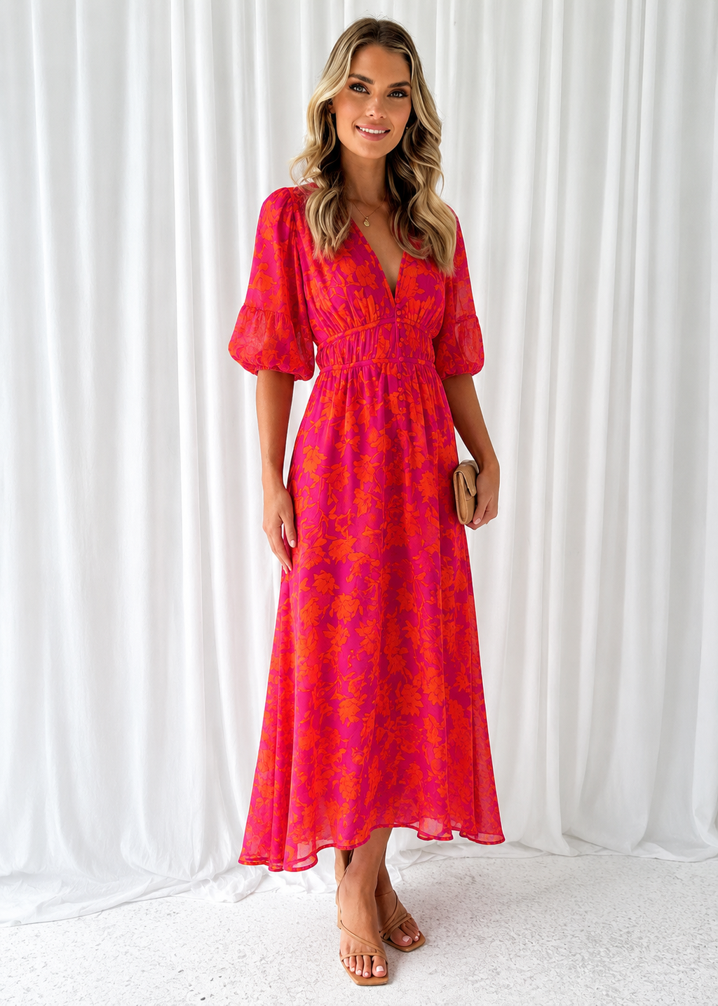 Robe midi femme | Imprimé floral & manches bouffantes