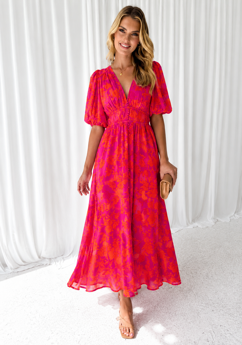 Robe midi femme | Imprimé floral & manches bouffantes