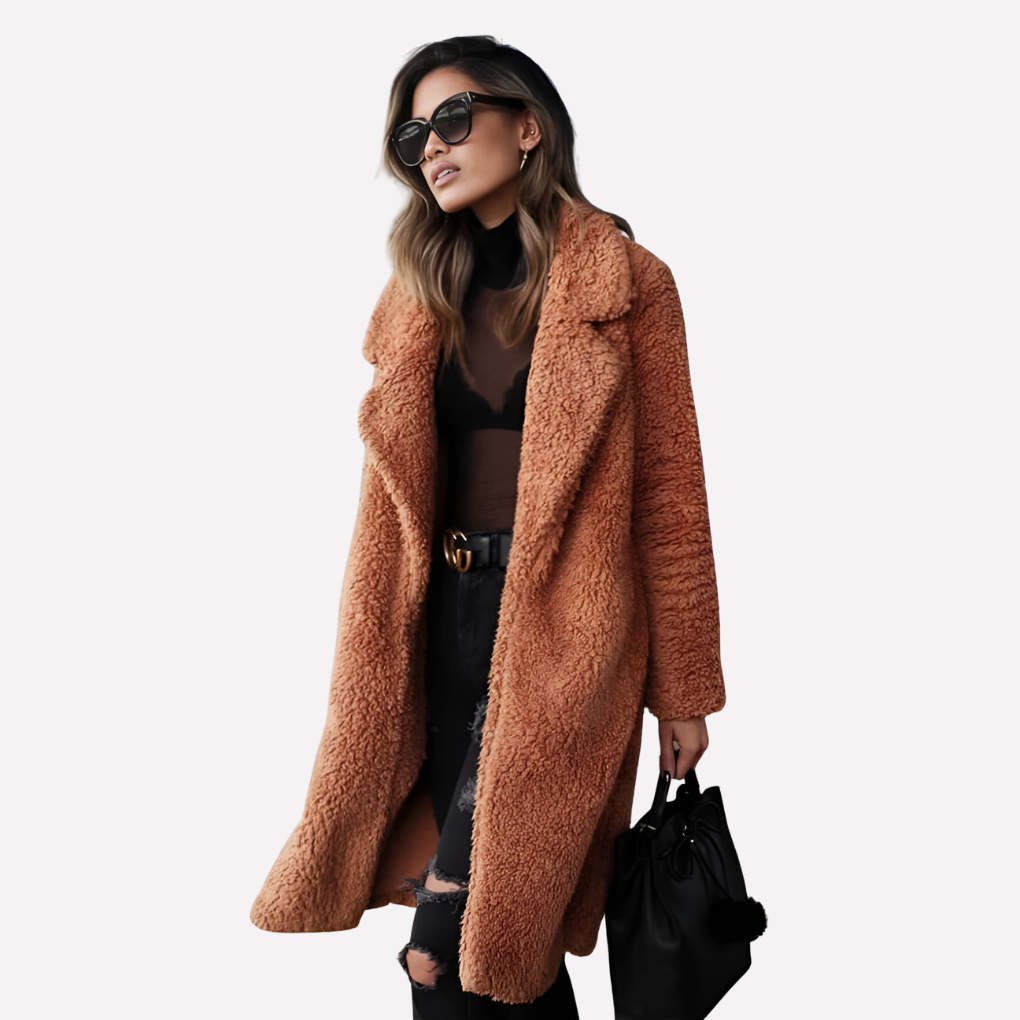 Manteau Long en Teddy pour Femme avec Col Notch et Devant Ouvert