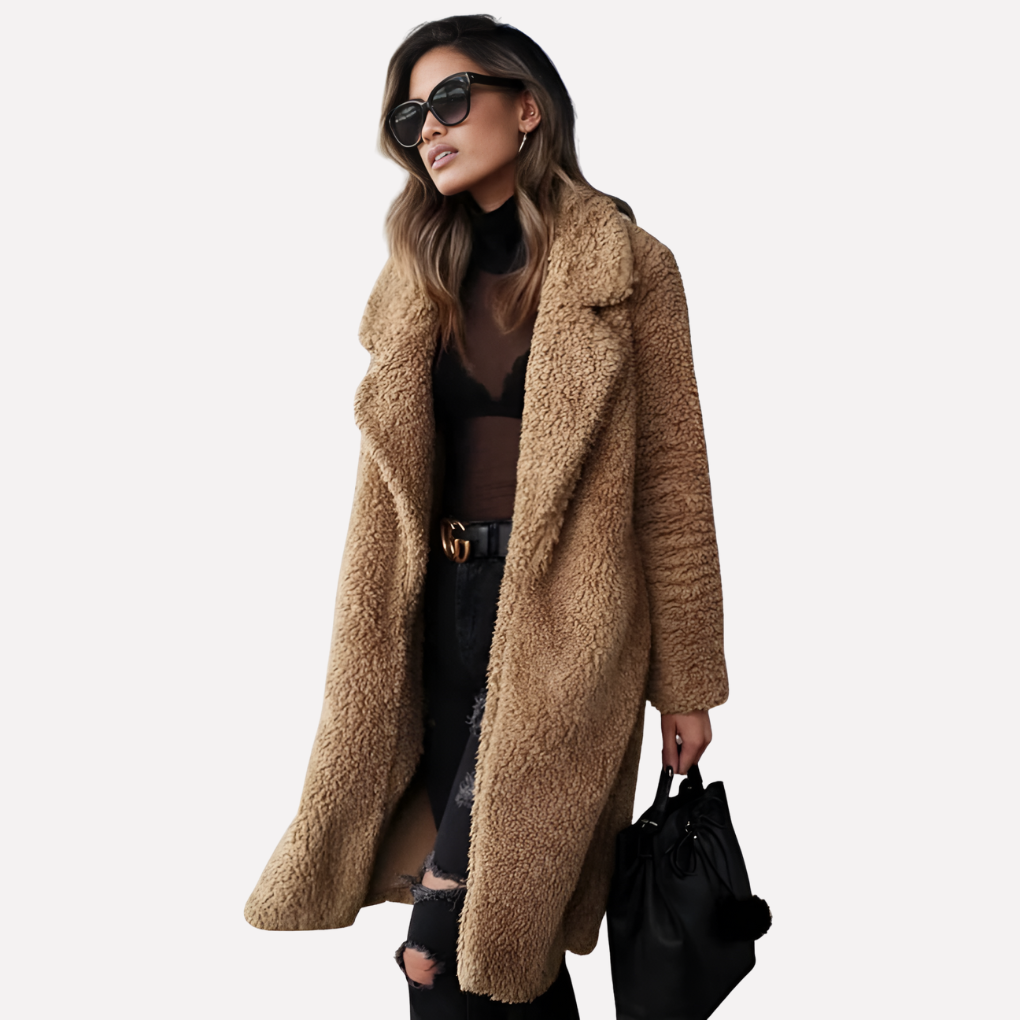 Manteau Long en Teddy pour Femme avec Col Notch et Devant Ouvert