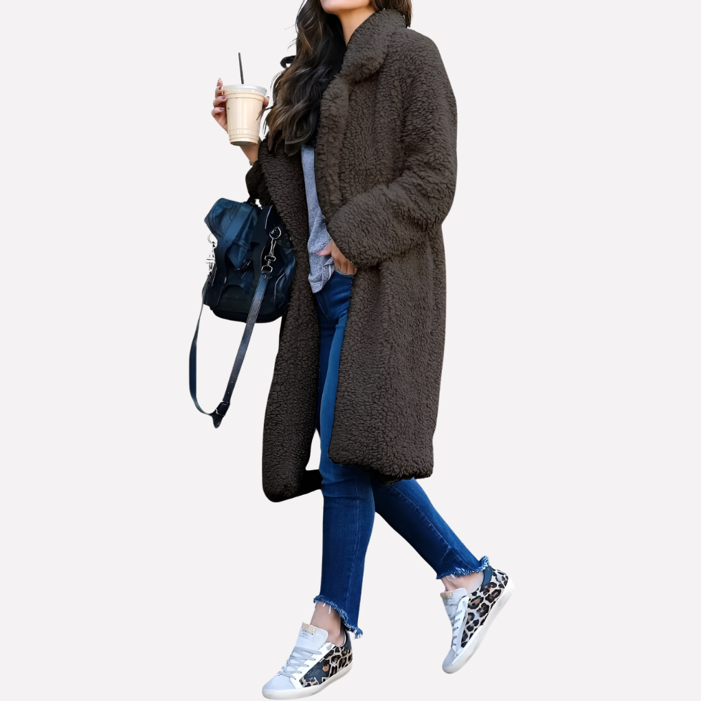 Manteau Long en Teddy pour Femme avec Col Notch et Devant Ouvert