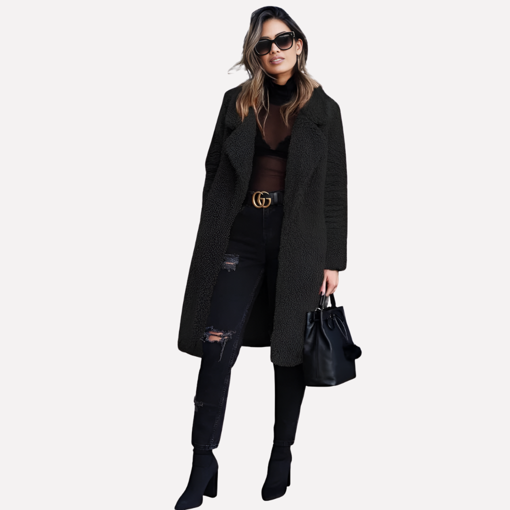 Manteau Long en Teddy pour Femme avec Col Notch et Devant Ouvert