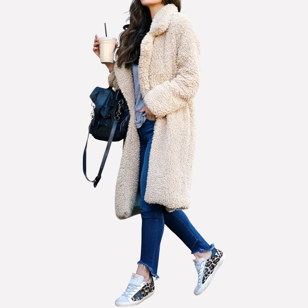 Manteau Long en Teddy pour Femme avec Col Notch et Devant Ouvert