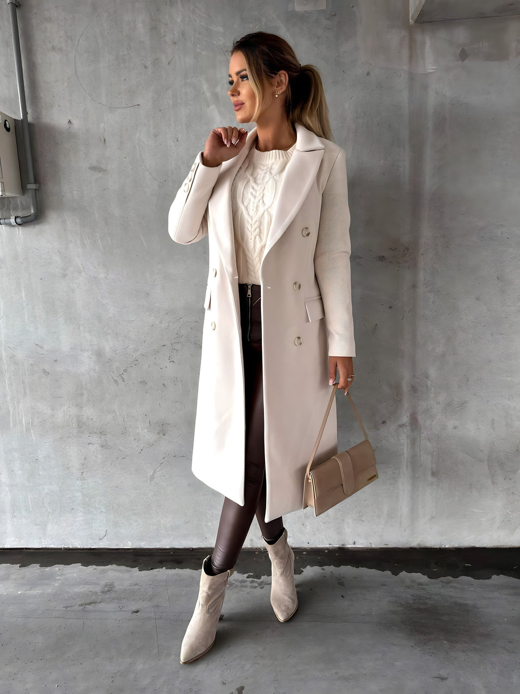 Manteau Long à Double Boutonnage pour Femme avec Revers Larges pour Bureau