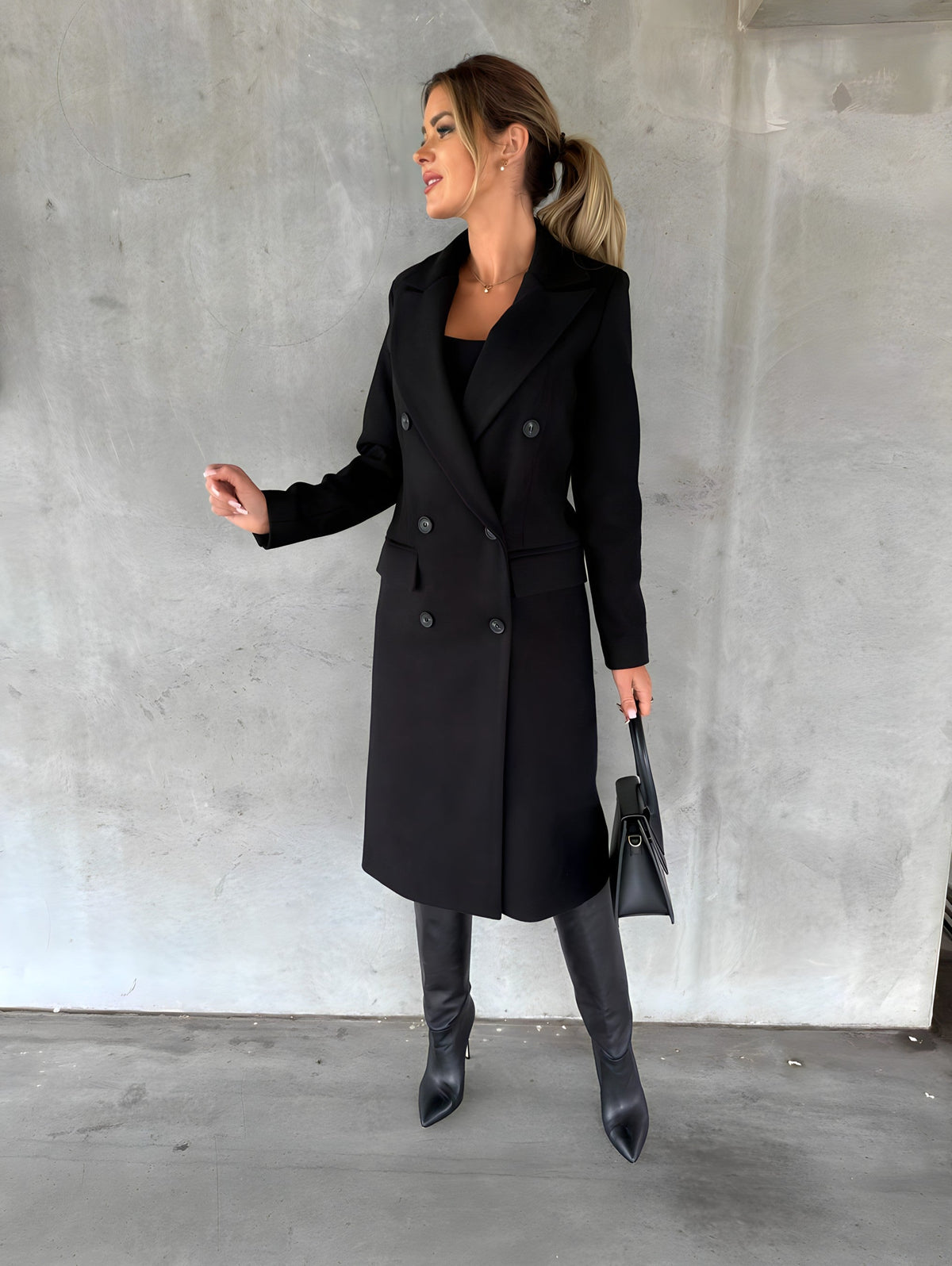 Manteau Long à Double Boutonnage pour Femme avec Revers Larges pour Bureau