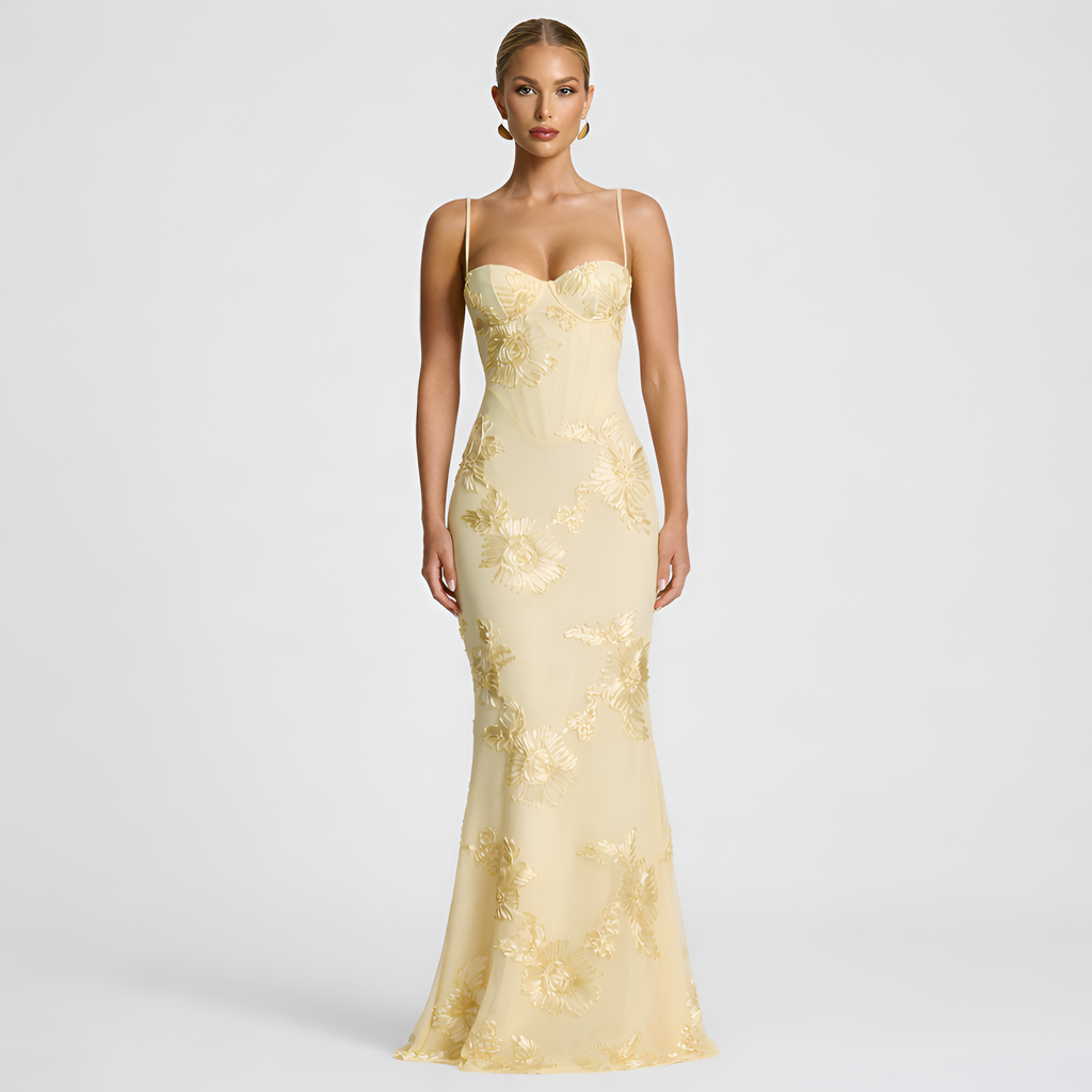 Emeline - Robe longue à corset en jacquard floral