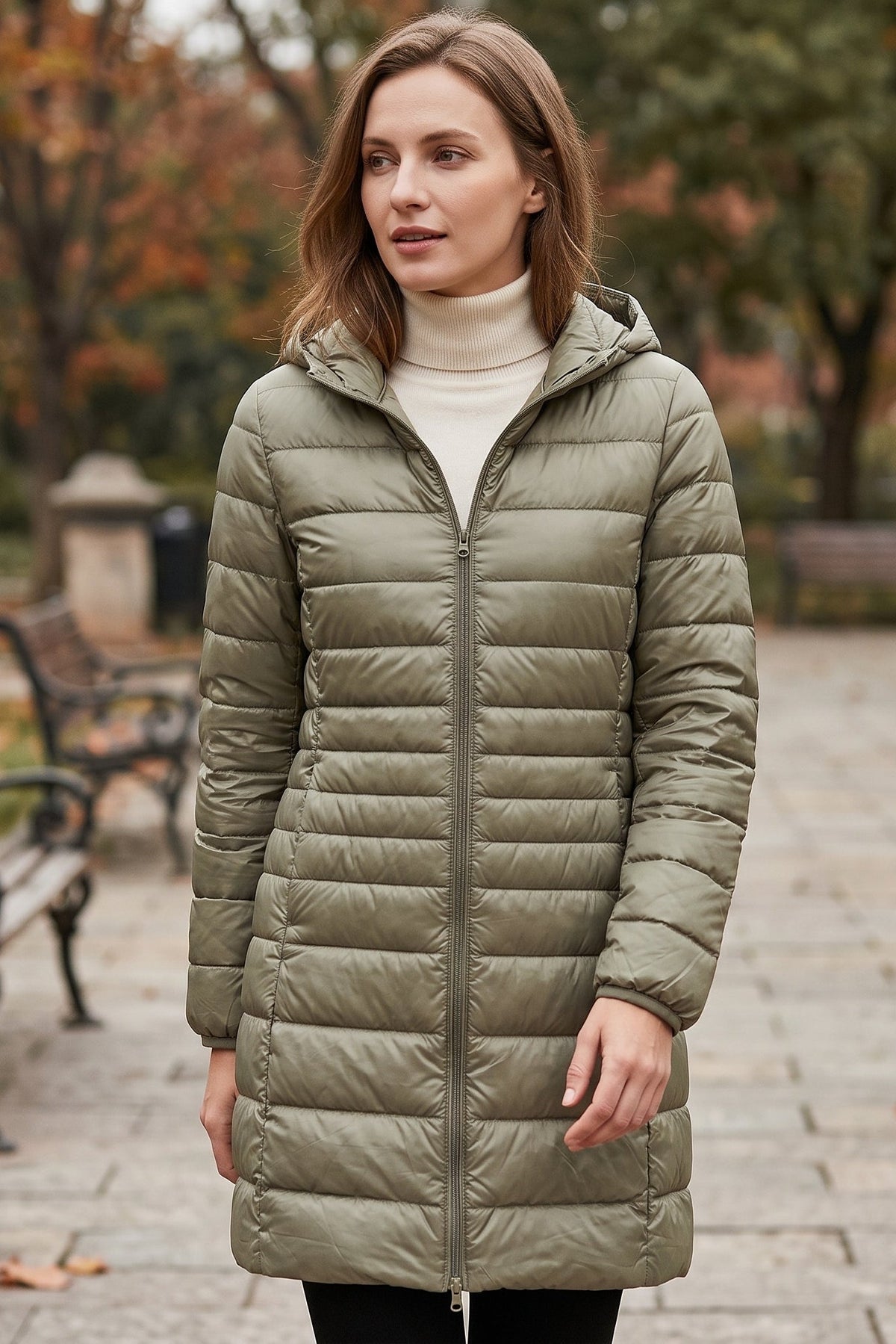 Manteau long matelassé à capuche et fermeture éclair