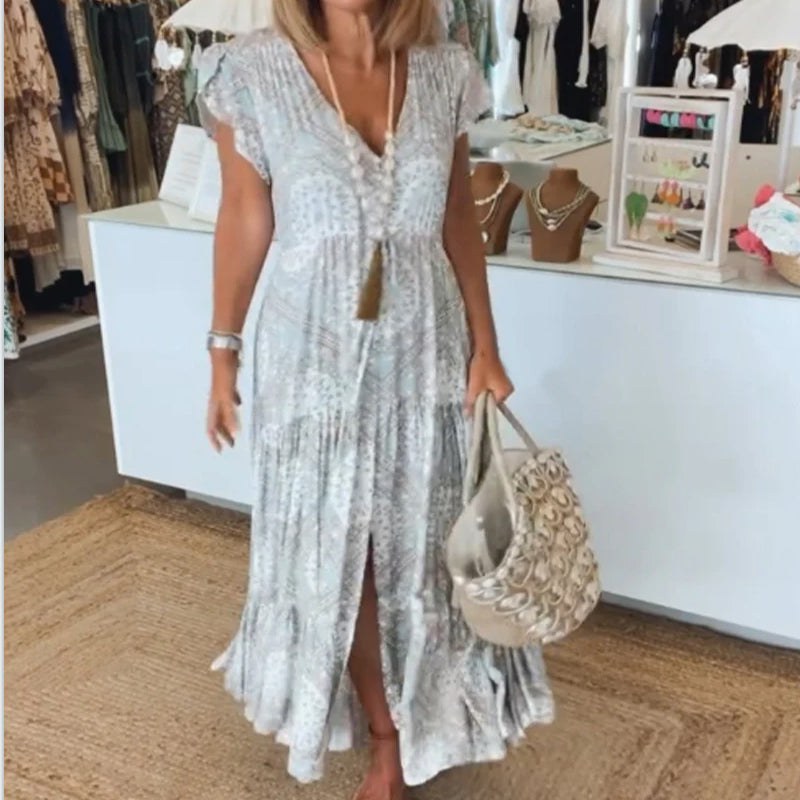 Robe à manches fendues en V imprimée pour les vacances