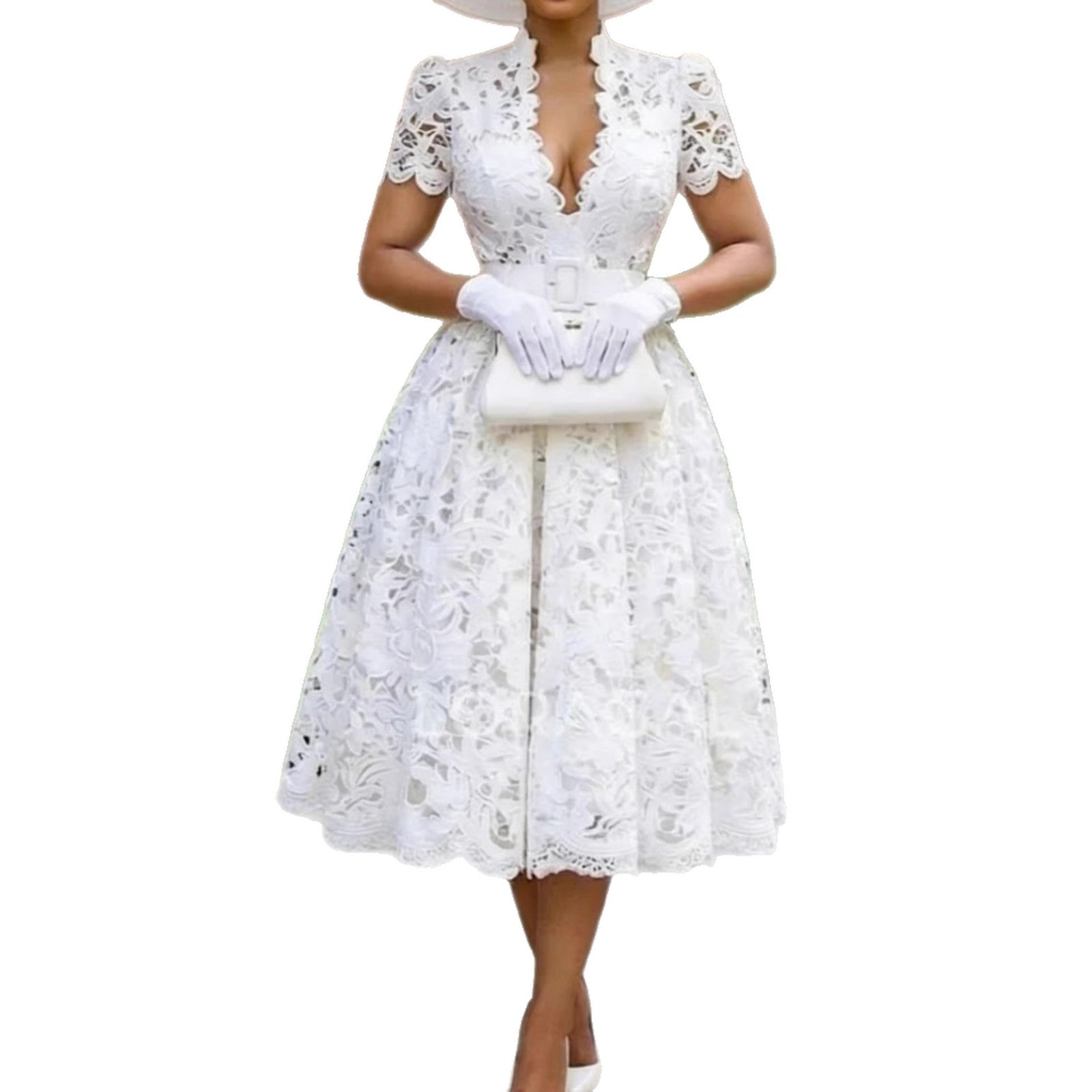 Robe midi en dentelle pour femme avec décolleté en V élégant et détails vintage Mirla
