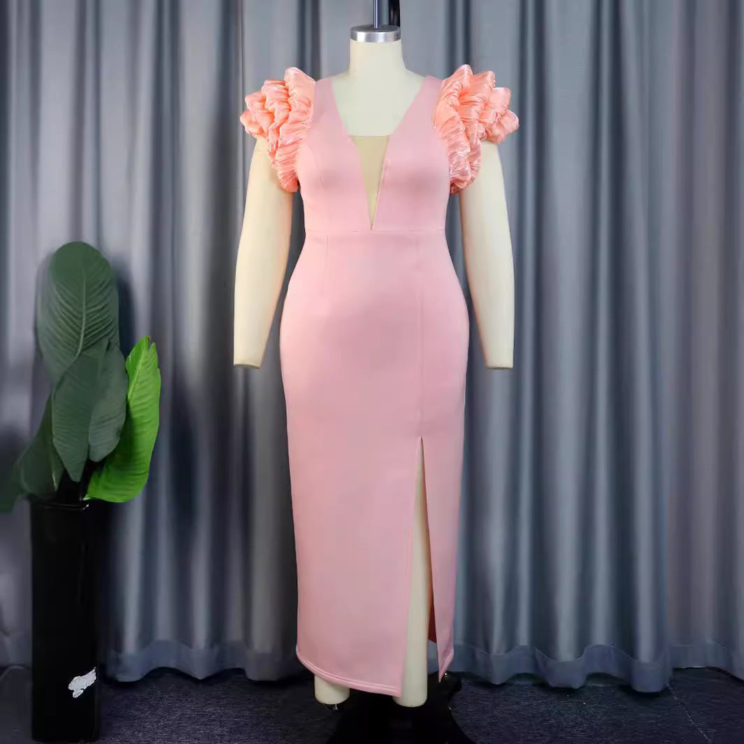 Robe maxi femme avec volants extravagants et décolleté en V profond Mirla