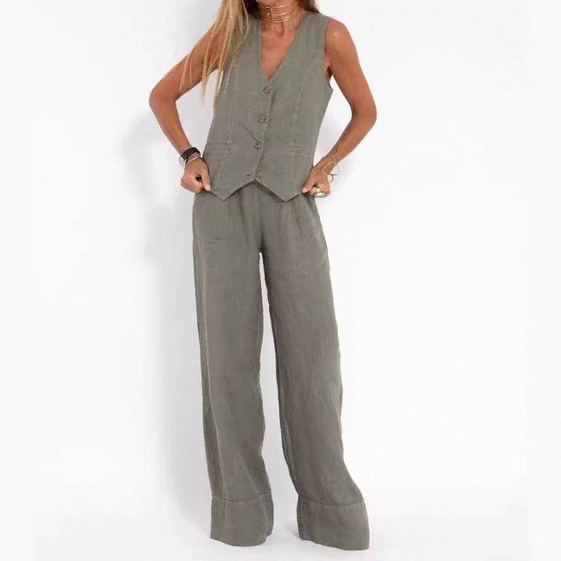 Elena | Ensemble élégant de gilets en lin avec pantalon large