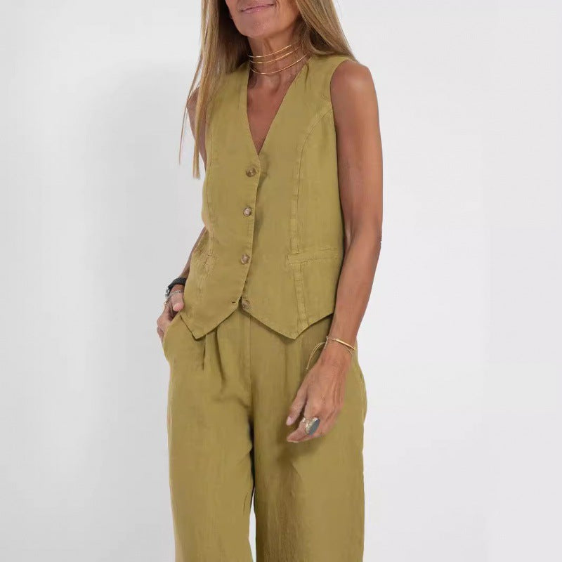 Elena | Ensemble élégant de gilets en lin avec pantalon large