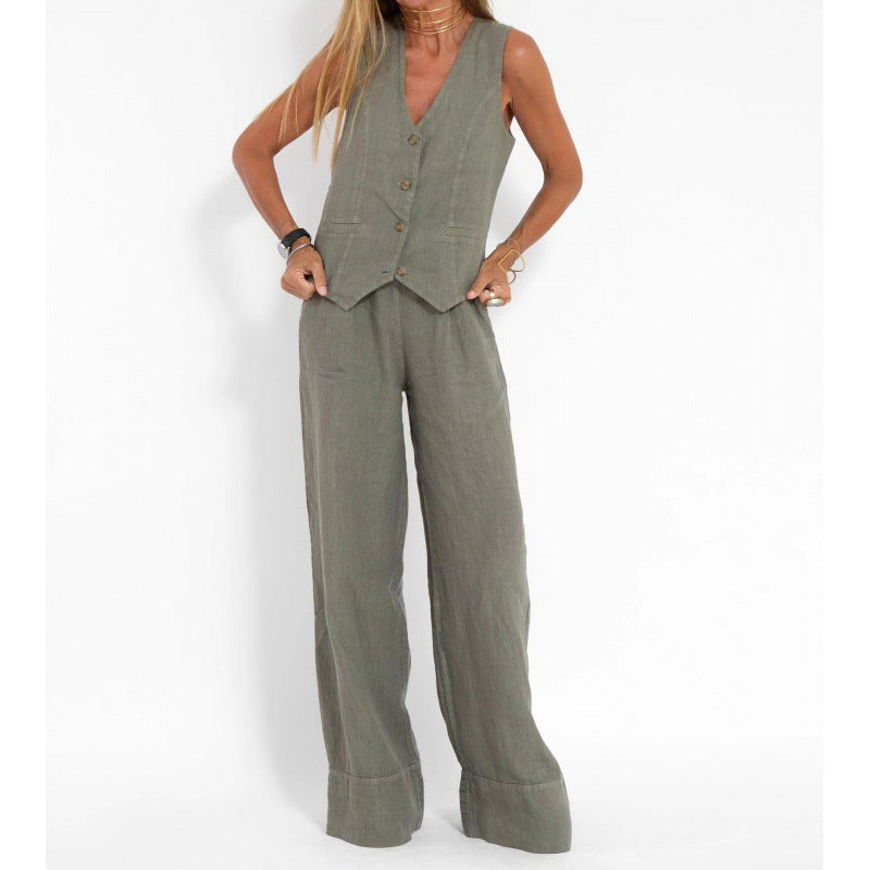 Elena | Ensemble élégant de gilets en lin avec pantalon large