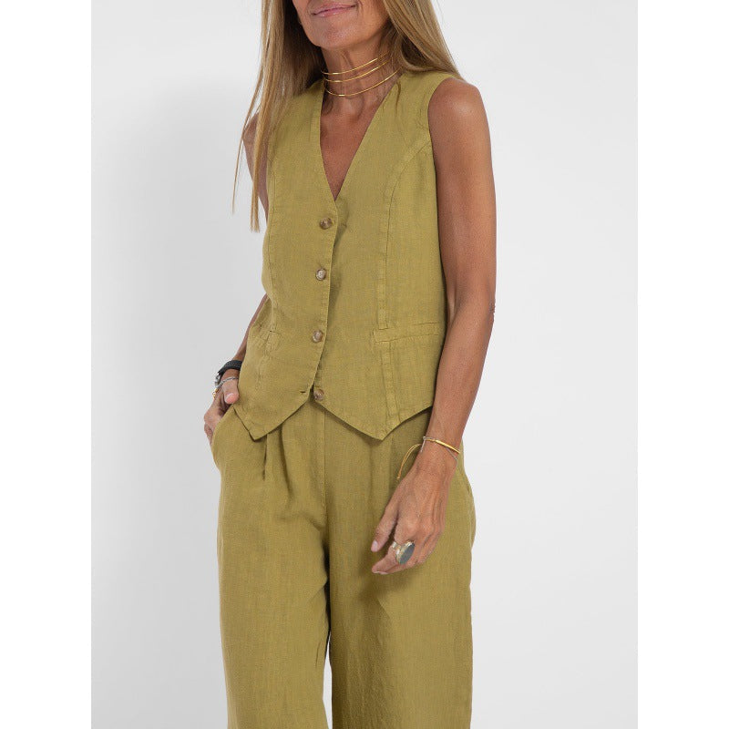 Elena | Ensemble élégant de gilets en lin avec pantalon large