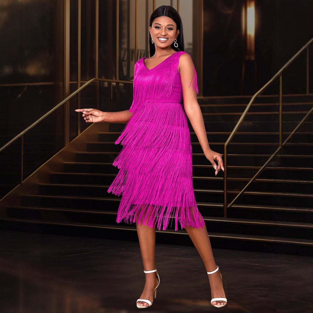 Robe Cocktail à Franges avec Décolleté en V et Ourlet Flottant Mirla