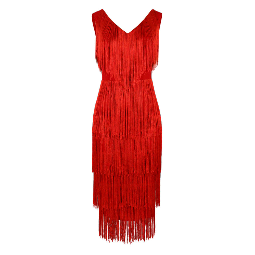 Robe Cocktail à Franges avec Décolleté en V et Ourlet Flottant Mirla