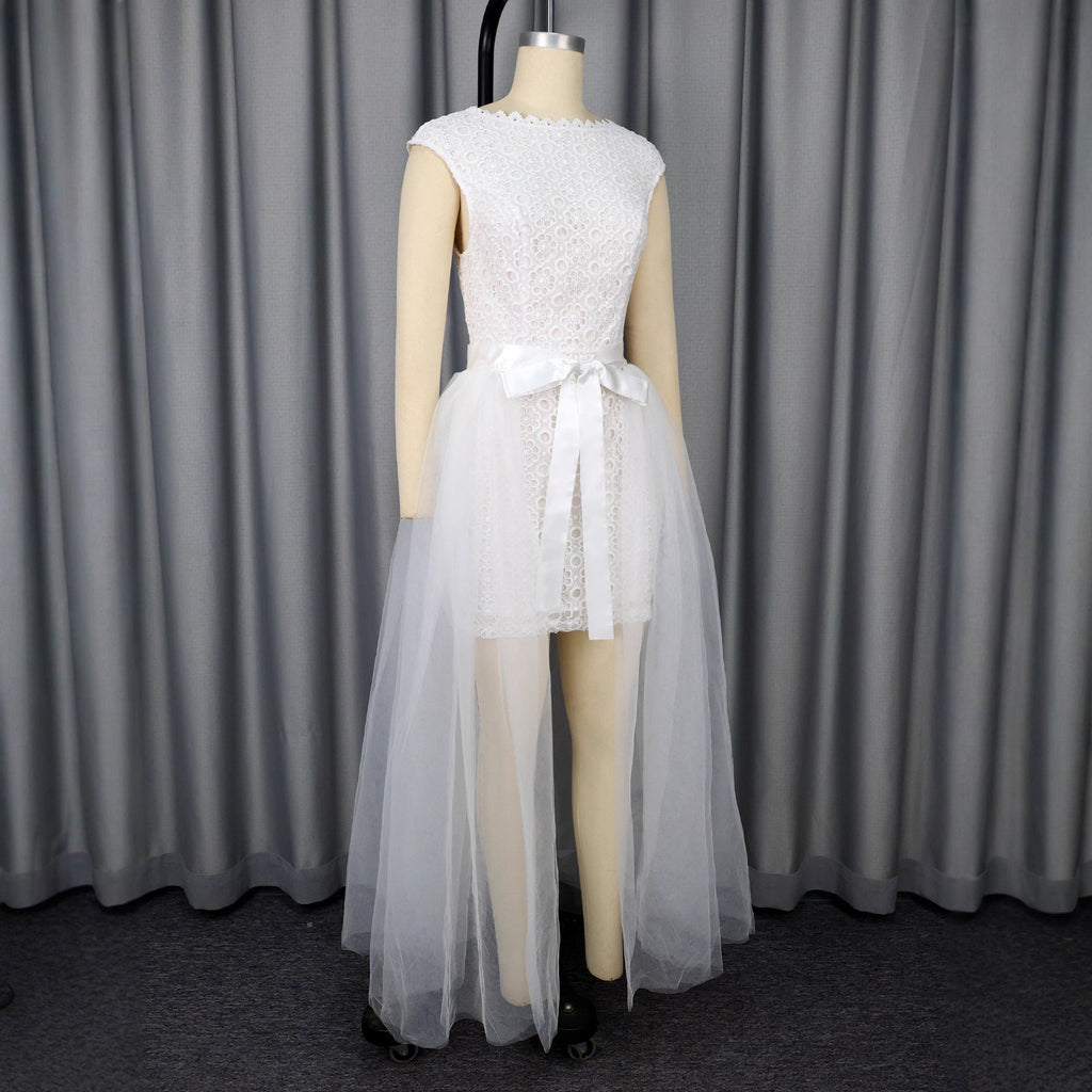Robe de mariée midi pour femme avec haut décoré et sur-robe en tulle transparent Mirla