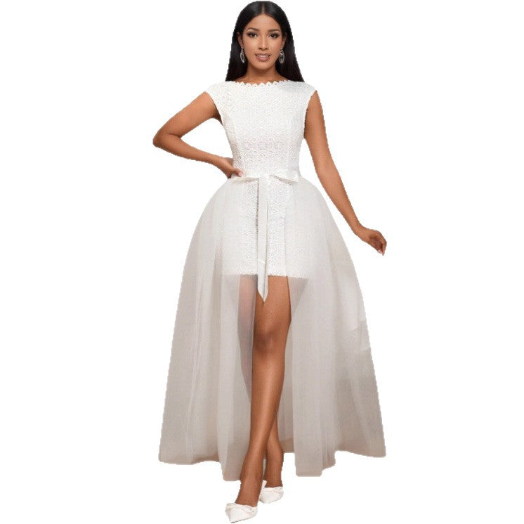 Robe de mariée midi pour femme avec haut décoré et sur-robe en tulle transparent Mirla