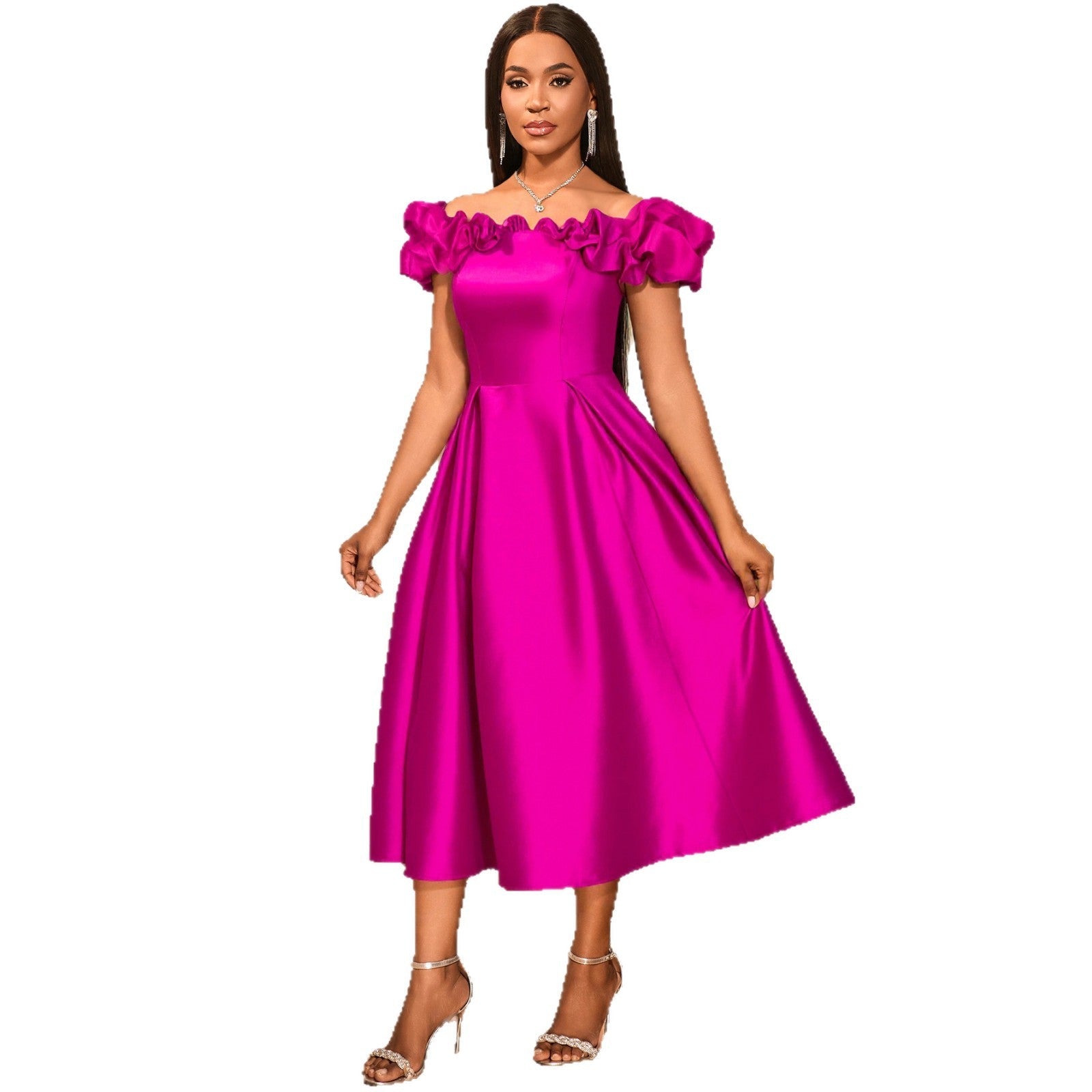 Robe Midi de Soirée Femme avec design sans bretelles et volants volumineux Mirla