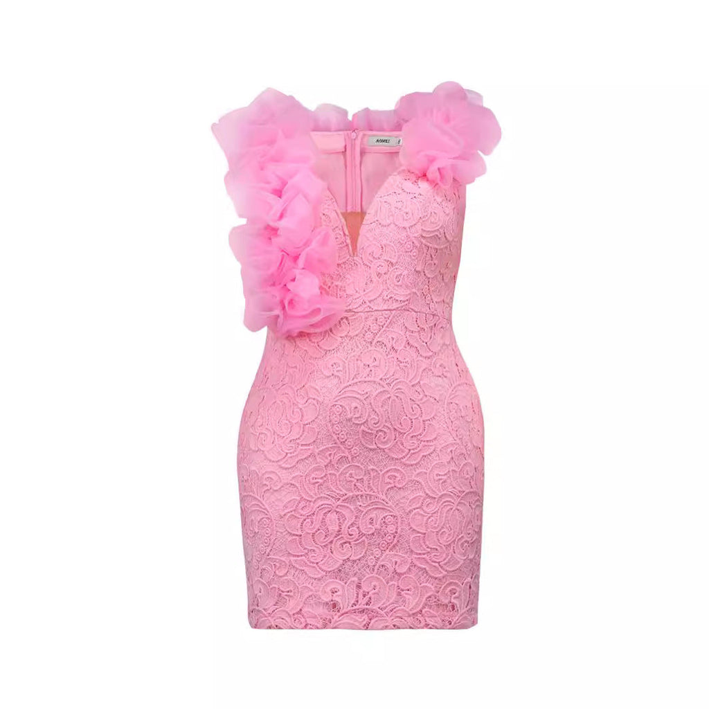 Robe Minimaliste Femme avec Broderie en Dentelle Luxueuse et Volants Mirla