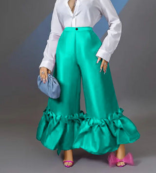 Pantalons Satinés Amples avec Finition Volant Mirla