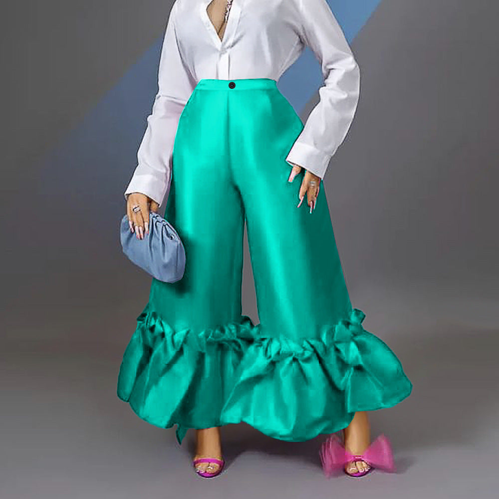 Pantalons Satinés Amples avec Finition Volant Mirla