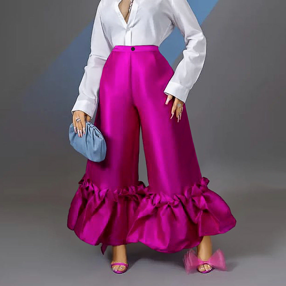 Pantalons Satinés Amples avec Finition Volant Mirla