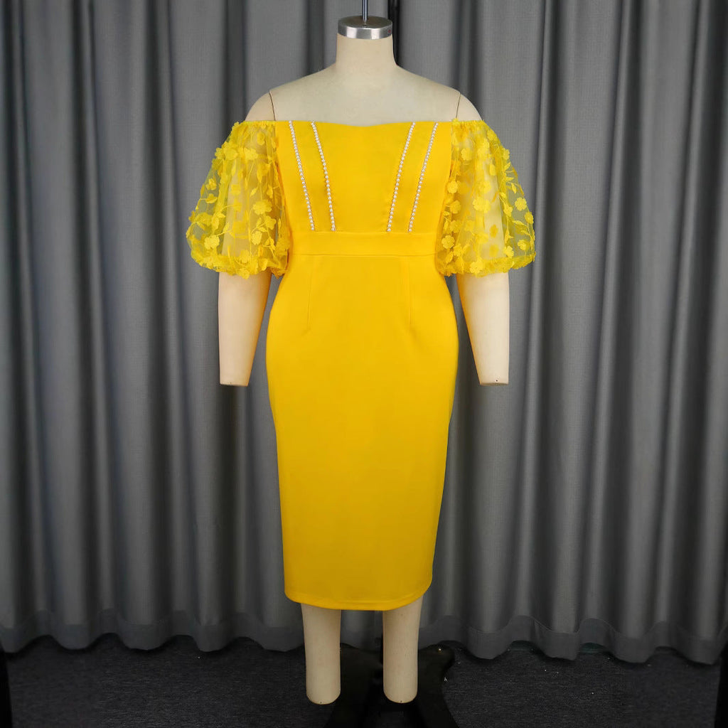Robe ajustée pour femme avec manches bouffantes décorées et centre en perles Mirla