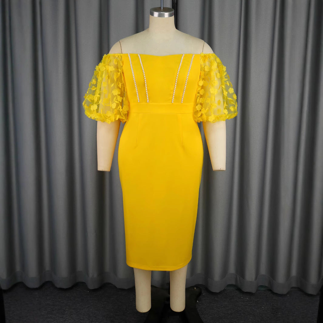 Robe ajustée pour femme avec manches bouffantes décorées et centre en perles Mirla