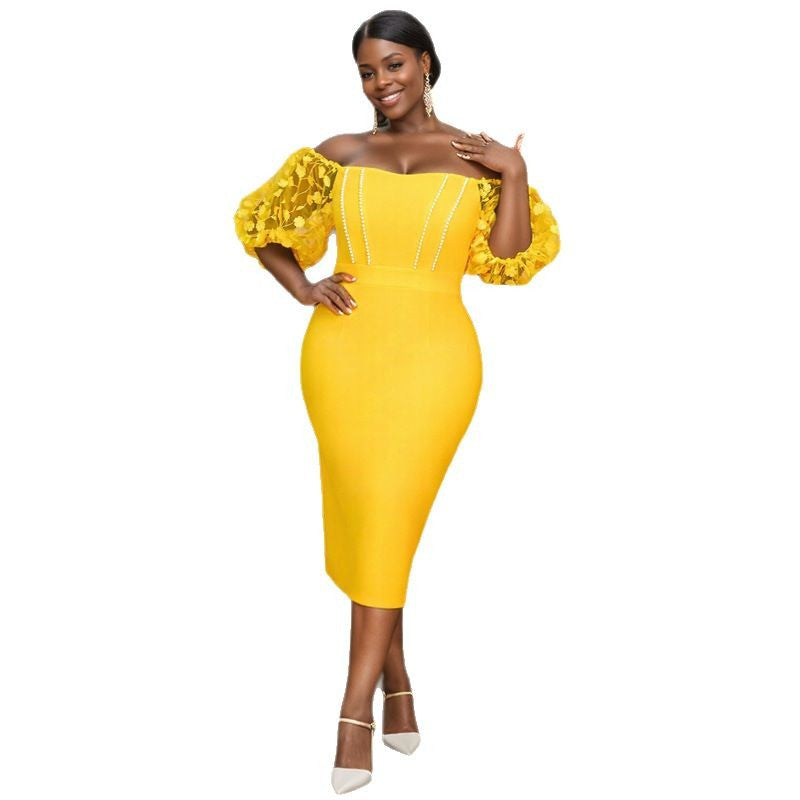 Robe ajustée pour femme avec manches bouffantes décorées et centre en perles Mirla