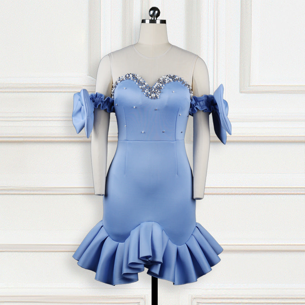 Robe de cocktail glamour avec manches transparentes à volants Mirla