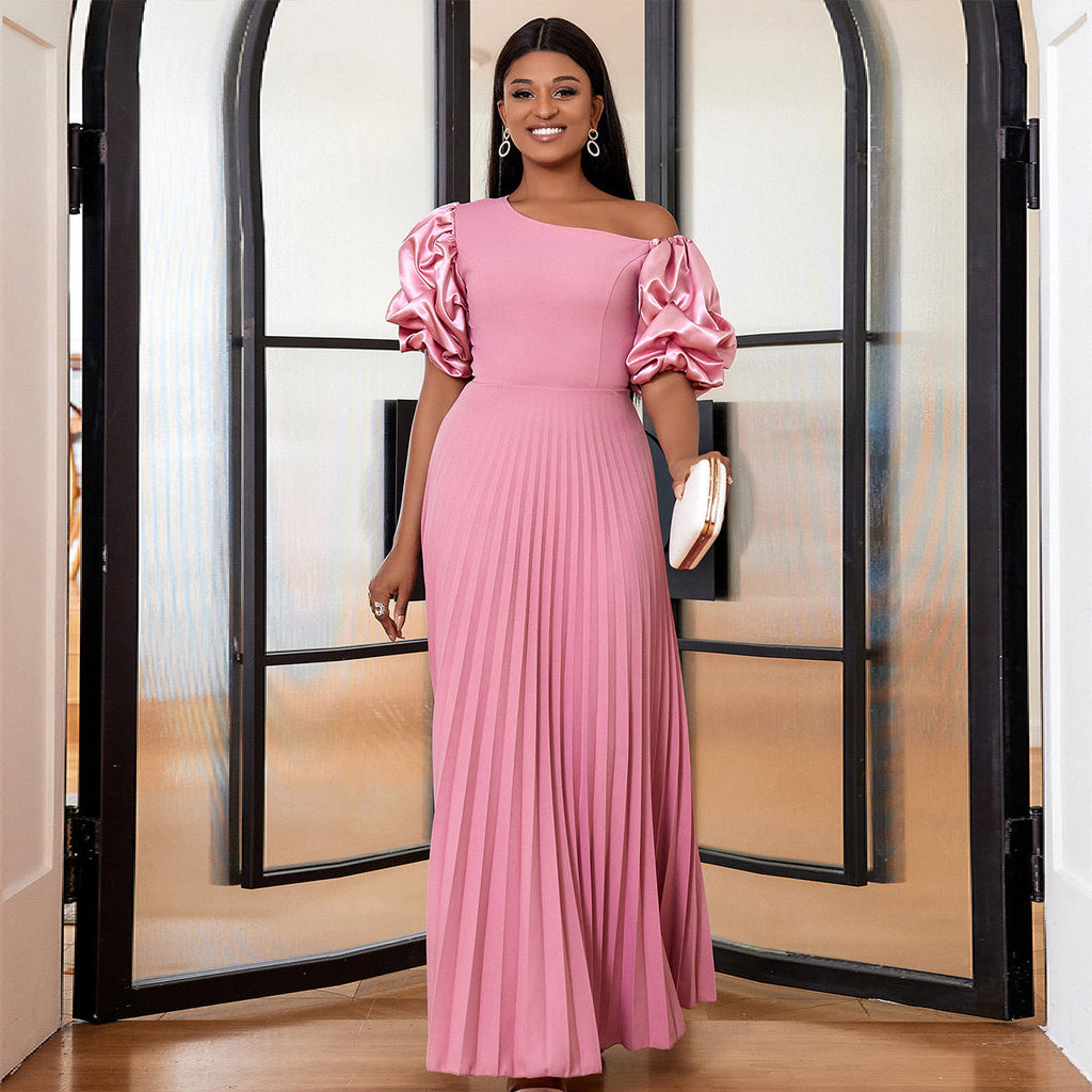 Robe maxi plissée pour femme avec haut asymétrique et manches bouffantes volumineuses Mirla