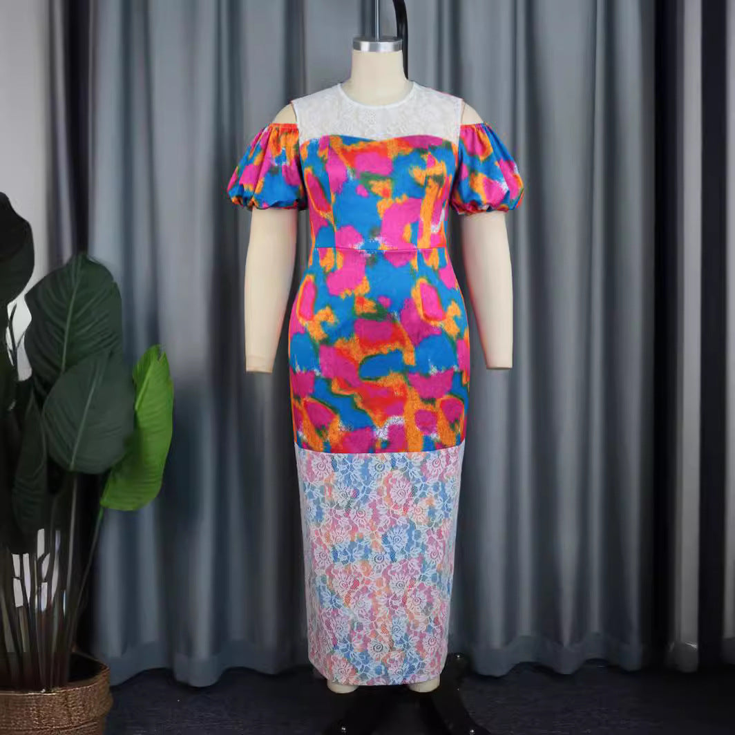 Robe maxi femme avec des manches bouffantes volumineuses et décoration en dentelle florale Mirla