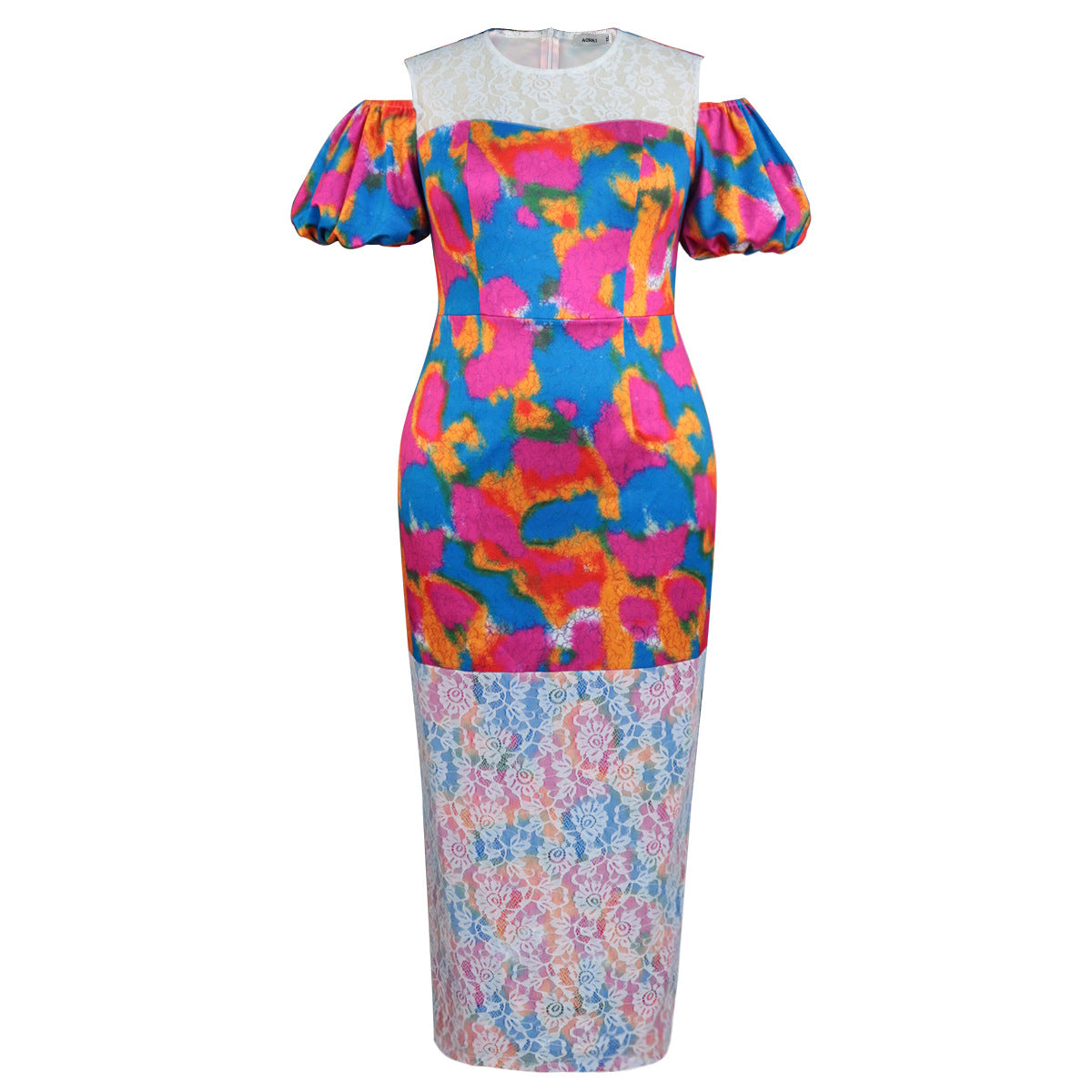Robe maxi femme avec des manches bouffantes volumineuses et décoration en dentelle florale Mirla