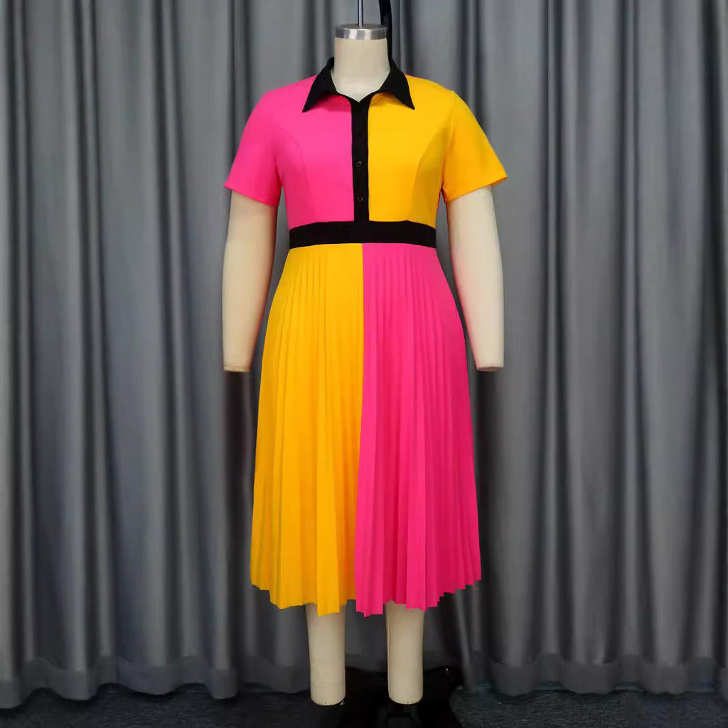 Robe plissée à col à revers et blocs de couleur contrastés Mirla