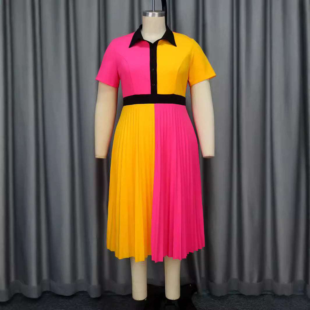 Robe plissée à col à revers et blocs de couleur contrastés Mirla