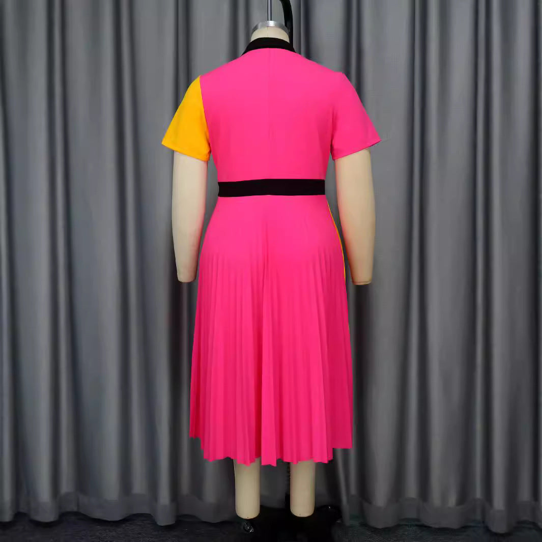 Robe plissée à col à revers et blocs de couleur contrastés Mirla